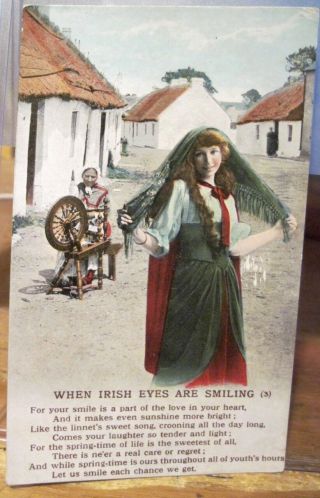 Vtg Postcard When Irish Eyes Are Smiling Verse 3 Song Valentine Woman Spinning