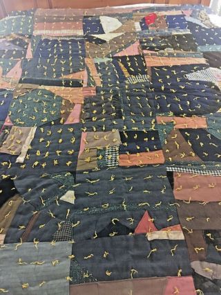 Fabulous Old Vintage Wool Crazy Quilt Hand Tied 65 " X 75 "