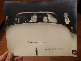 1950s Vintage B&w Wedding Photo Bride & Groom In Chrysler Windsor Deluxe Car