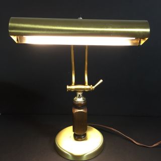Vintage Mid Century Brass And Wood Bankers Piano Desk Lamp Adjustable Height
