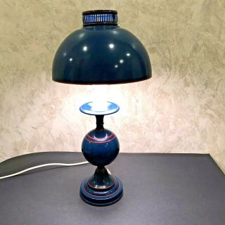 Vtg Hurricane Style Table Lamp W Clip On Shade Metal Tole Blue Red Stripes 17 "