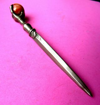 Antique Metal Desktop Letter Opener With Agate Ball In Claw Handle