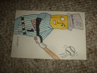Hand Drawn Illustration Illustrated Art Postcard Mr Peanut Baseball