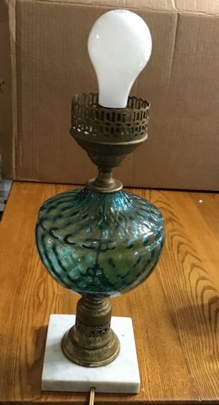 Antique Electrified Blue Glass Lamp With Marble Base