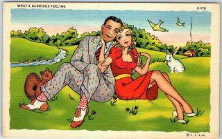 1940s Curteich Linen Postcard " What A Glorious Feeling " Honeymoon Comics C - 178