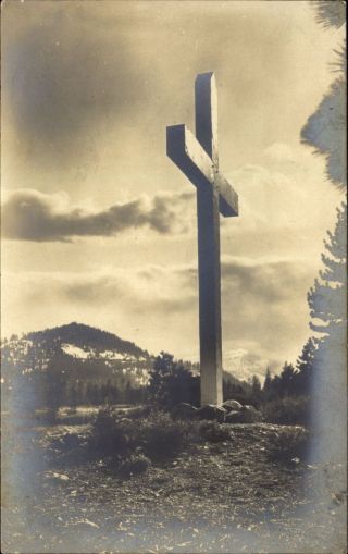 Cross On Hill Tahoe Tavern Lake Tahoe California Rppc Real Photo 1924 - 1949
