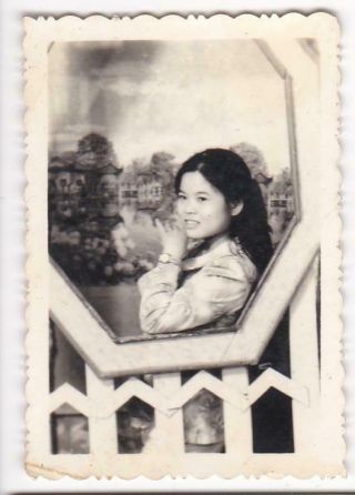 Cute Chinese Girl Studio Photo Painted Backdrop China 1970s