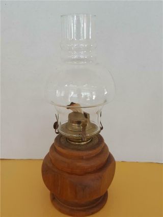 Teak Wood Large Vintage Wooden Oil Lamp Chimney Hurricane Glass Shade 14 " Tall