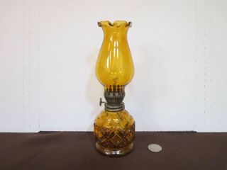 Decorative Amber Glass Oil Lamp Diamond Design On Base Hurricane Top 8.  5 " Tall