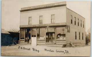 1910s Morton Grove,  Illinois Rppc Photo Postcard " J.  A.  Christ Bldg.  " Beer Signs