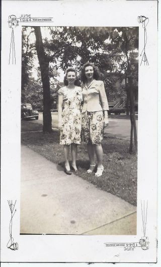 751p Vintage Photo Two Young Women In Floral Summer Dresses
