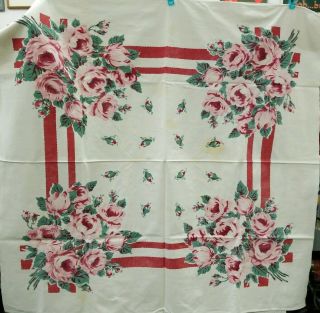 Vintage Tablecloth Red Pink Floral Roses 100 Heavy Cotton 47 X 50