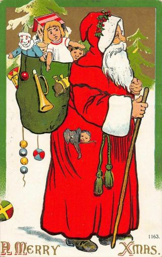 Long Red Robe Santa Claus With Toys Doll Horn Antique Christmas Postcard - C231
