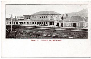 Black & White Photo Postcard Railway Train Station Town Depot Livingston Montana