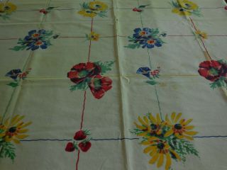 Vintage Print Tablecloth Blue Yellow Red Windowpane Flowers & Fruit 53 X 46 "