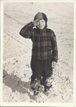 557p Vintage Photo Adorable Little Boy Saluting While Playing In Snow Suit