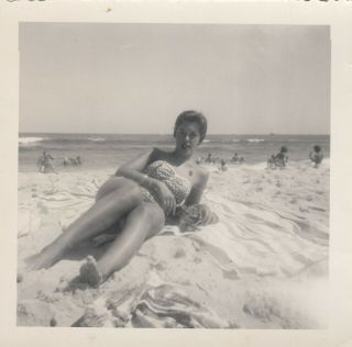 Vintage Photo Pretty Girl Laying In Sand Beach Sun Bathing Bathing Suit Pin Up