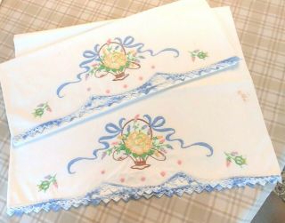 Pillow Case Pair Hand Embroidered Blue W/yellow Flowers Basket Regular Size