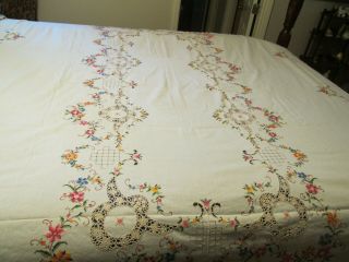 Vintage Tablecloth Featuring Crochet,  Pulled Thread,  & Cross Stitching 66 X 96
