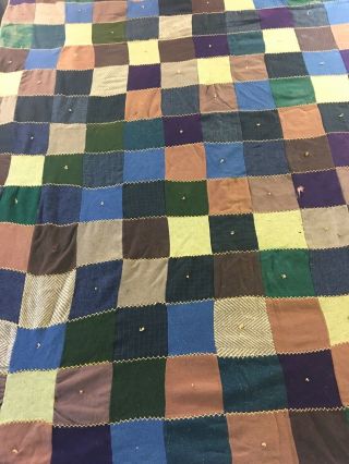 Antique Vintage Handmade Wool One Patch With Embroidery Quilt 63 " X 79 "