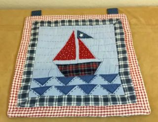 Patchwork Quilt Wall Hanging,  Appliquéd Sailboat,  Triangles,  Red,  Navy,  Blue