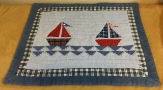Patchwork Quilt Wall Hanging,  Appliquéd Sailboats,  Triangles,  Red,  Navy,  Blue