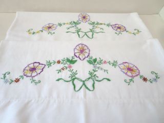 Two Vintage Hand Embroidered Multi - Color Floral Design Pillow Cases 30 " X 20 "