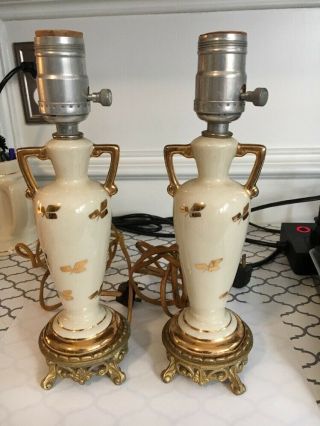 Pair Vintage Lamps Metal Base With Cream And Gold