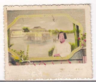 Chinese Girl Hand Colored Studio Photo Painted Backdrop 1950s China