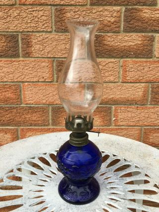 Vintage Embossed Swans - Dark Cobalt Blue Glass Oil Kerosene Lamp With Chimeny