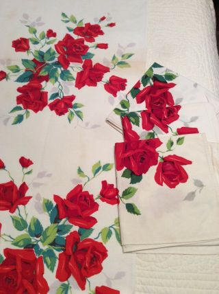 Vintage Wilendur Cotton Tablecloth W/ 3 Towels American Beauty Rose Pattern