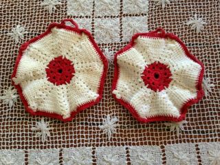 Set Of 4 Pairs Vintage Handmade Crochet Hot Pads Potholders Red & White