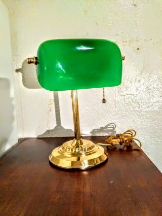 Vintage Brass Bankers Piano Desk Lamp With Emerald Green Glass Shade