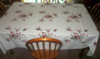 Vintage Wilendure Small Pink & Red Roses Tablecloth 85 X 62
