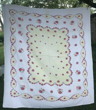 Vtg Tablecloth Cotton Red Rose Floral Yellow Pretty 54 " X 60 "