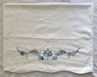 Vintage Pillowcase Hand Embroidered Blue Fliwers On White Standard Size