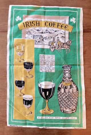 Vintage 1960s Irish Linen Tea Towel Irish Coffee Art Graphics Kitchen Mcm