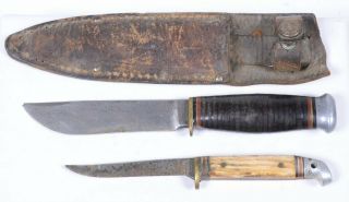 (2) Vintage Fixed Blade Knife Marbles 7.  25 " L & Western 6.  25 " L W/leather Sheath