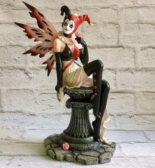 Harlequin Fairy Jester Statue Sexy Roses Pedestal Red Black Tattoos Thigh Boots