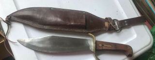 Large Vintage Bowie Knife & Leather Sheath 9 - 1/2 " Blade Brass Guard