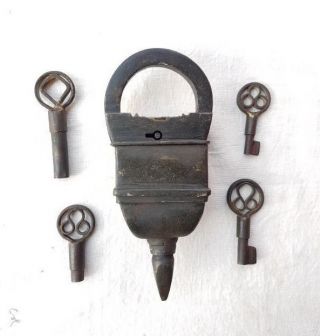 Rare Vintage Old Antique Style Looking 4 Key Iron Tricky / Puzzle System Lock