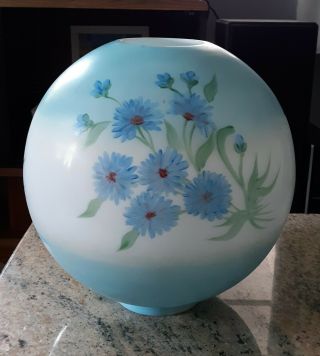 Vintage Hand Painted Blue Floral Design Milk Glass 12 " Globe Lamp Shade