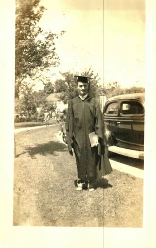 Vintage Black White Photo Boy Graduation Tassel Cap Gown Car Diploma