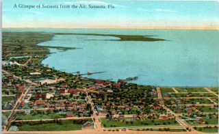 1940s Florida Postcard A Glimpse Of Sarasota Fl From Air Aerial Birds Eye View