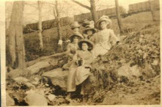 Vintage Photograph Women Wear Dresses Big Hats Big Rocks Outdoor Nature Photo