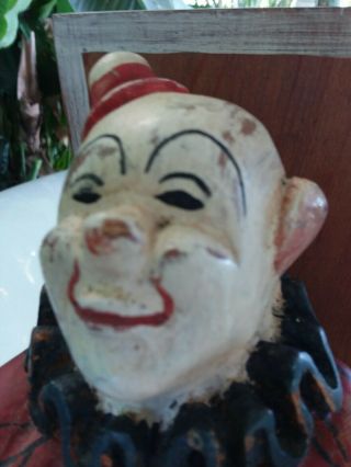 Vintage Carved Wood Creepy Circus Clown Bust Head Outsider Folk Art Jack N Box