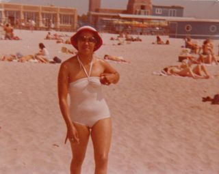 Vintage Beach Snapshot Photo Pretty Woman In Sexy White One Piece Bathing Suit
