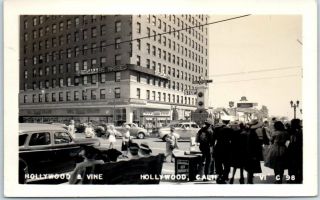 1947 Hollywood,  California Rppc Photo Postcard " Hollywood & Vine " Street Scene