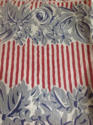 Vintage Full Feed Sack Red & White Stripes Rows Of Gray Flowers And Leaves