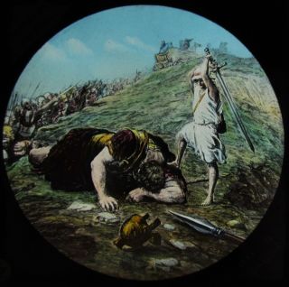 Glass Magic Lantern Slide The Death Of Goliath C1890 Religious Drawing
